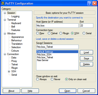 Screenshot Putty Connection Page